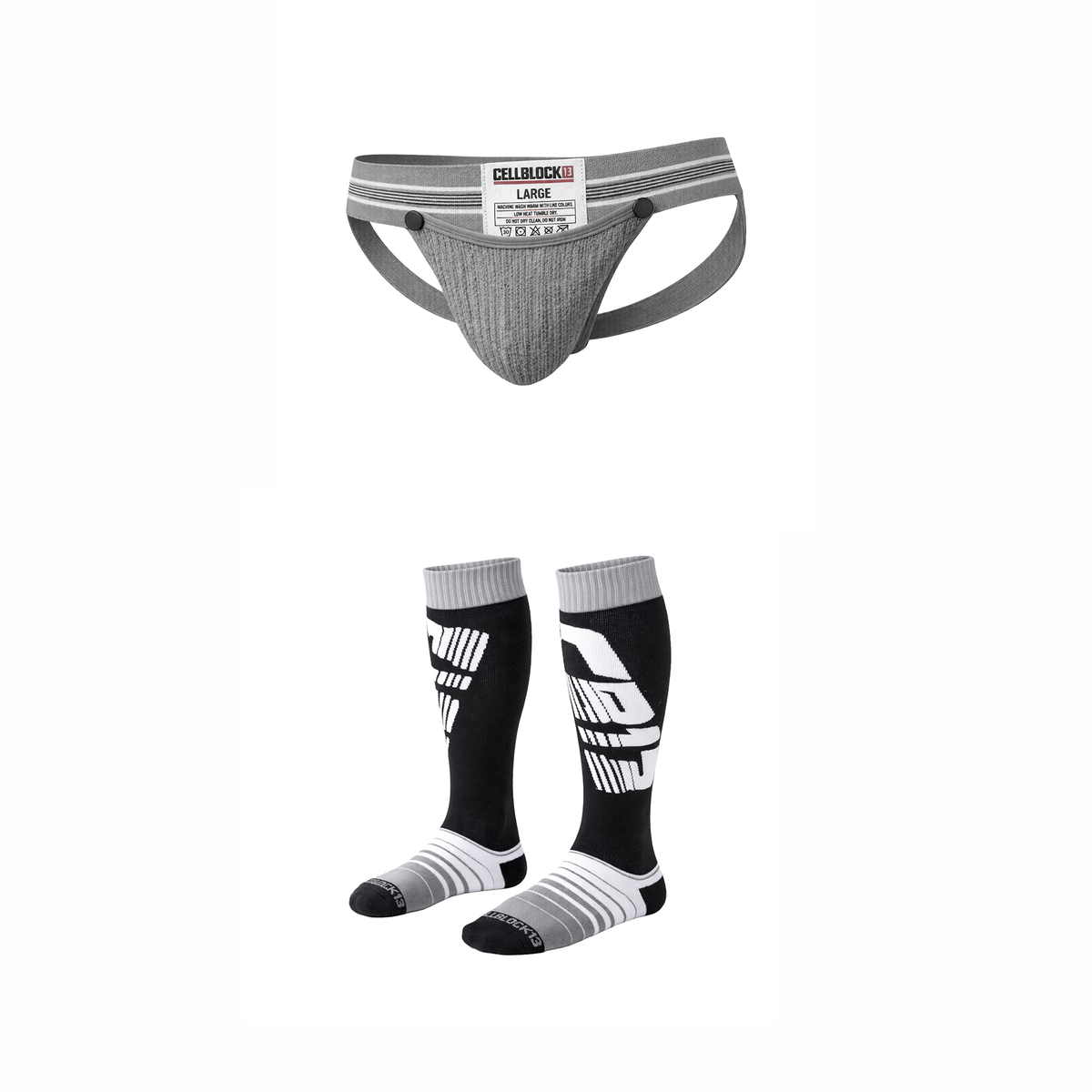 CELLBLOCK 13 Multipack Tight End 2 inch Snap Up Jock + Velocity 2.0 Knee High Sock Grey